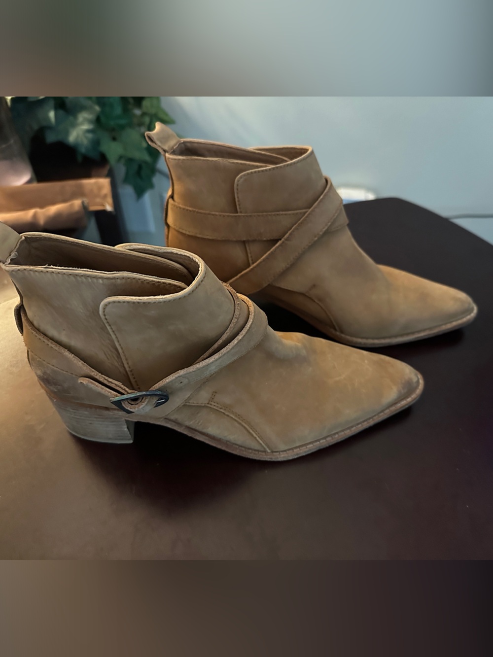Free People Tan Leather Ankle Booties with Buckle Detail